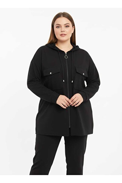 wishne KADIN FERMUARLI KAPÜŞONLU TUNİK CEKET- BÜYÜK CEPLİ MEVSİMLİK SWEATSHİRT