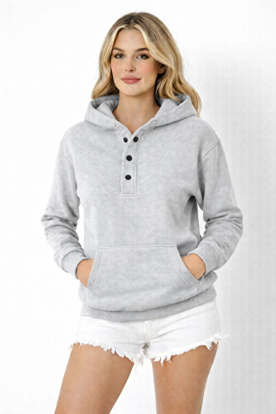 Simyon Style Kadın Çıtçıt Detaylı Oversize Dik Yaka Kanguru Cepli Sweatshirt