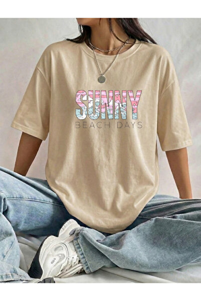 BUWOM Γυναικείο μπλουζάκι με στάμπα Sunny με λαιμόκοψη ποδηλάτου