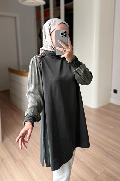 Ka Hijab Omzu Buttoned Half Fisherman Mercerized Tunic - Khaki