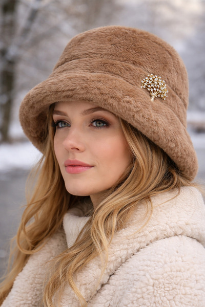 Modex Soft Texture Tree of Life Brooch Detail Plush Fedora Fisherman Hat