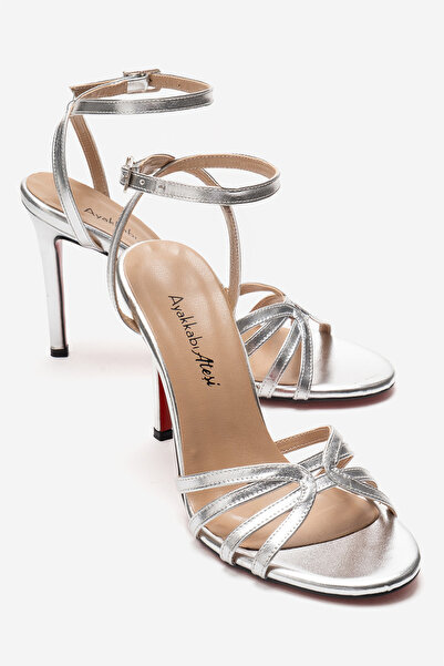Ayakkabı Ateşi Women's Silver Open Cage Toe Design Thin Heeled B Piped Shoes ...