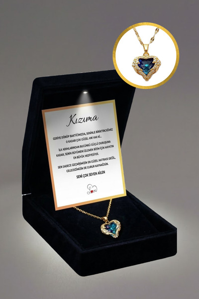 ganispe " Kızıma " Mavi Taşlı Çelik Kolye | Işıklı Premium Kutu |Doğum Günü