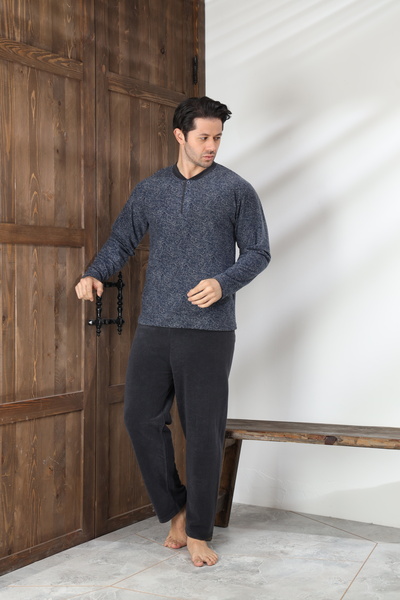 Elit Set de pijamale de iarnă Welsoft cu mâneci lungi, cu nasturi, pentru băr...