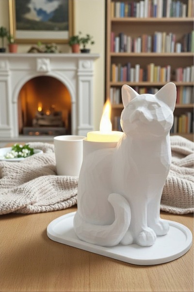 Depozee Beyaz Mozaik Dekoratif Kedi Biblo Led Mumlu Şık Ev Ofis Masa Üstü Aks...