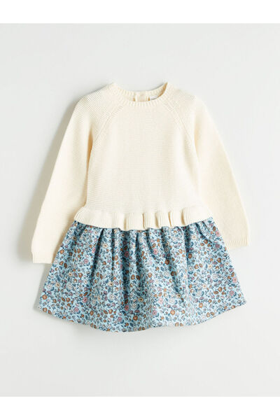 LC Waikiki Παιδικό πλεκτό φόρεμα LCW Kids Ecru Crew Neck για κορίτσια