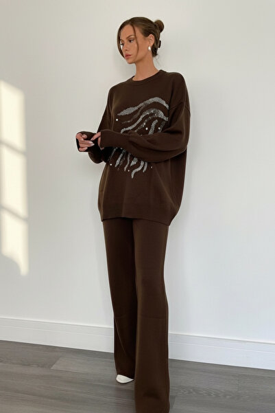 ModaMerve Stone Embroidered Knitwear Set 1106Mt581-Ms Brown