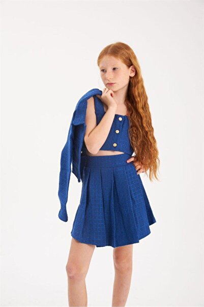 Hilal Akıncı Kids Girl's Gold Buttoned Jacket Thick Strap Crop Pleated Skirt Set