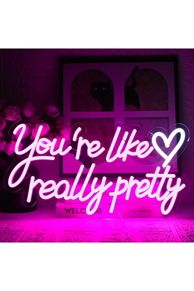 Slasa لافتة نيون "أنتِ جميلة جدًا" - مصباح جداري LED وردي اللون، 42 × 22 سم