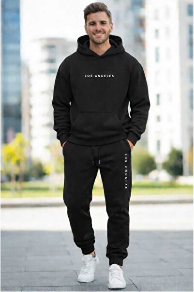 blausee wear Unisex Black Hooded Oversized Los Angeles Printed Bottom Top Tra...