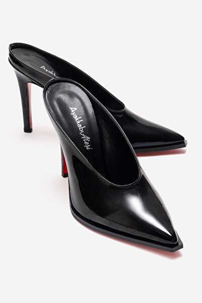 Ayakkabı Ateşi Women's Black Patent Leather Special Design Thin Heeled Slippe...