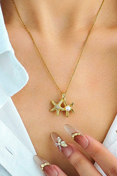 Parantez Aksesuar Pearl Detailed Zircon Stone Starfish Necklace