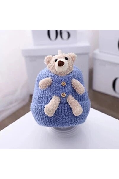 Pure Boutique Blue knitted baby hat with decorative teddy bear, soft and warm...
