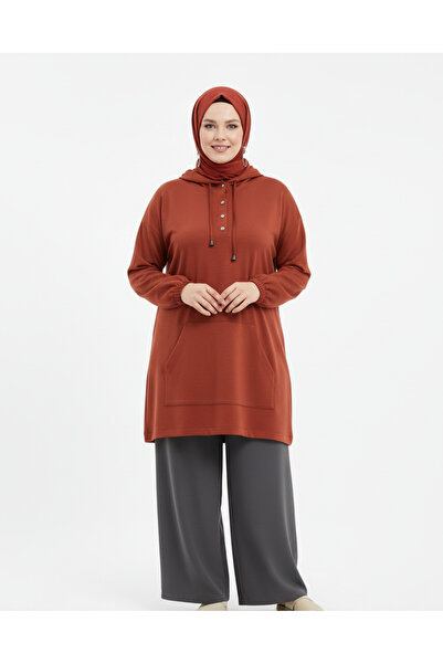 wishne Kapüşonlu Düğme Detaylı Kanguru Cepli Uzun Büyük Beden Tesettür Tunik ...