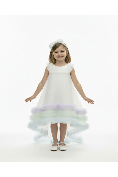 BUTİKHAPPYKİDS فستان سهرة للفتيات بذيل طويل من التول، موديل الأميرة مع تاج كه...