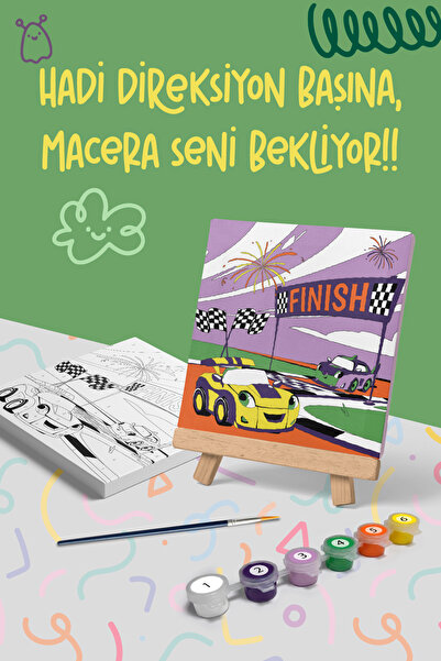 Mind & Play Araba Yarışı Temalı Çocuk Şövale Tuval Boyama Seti | Ahşap Şövale...