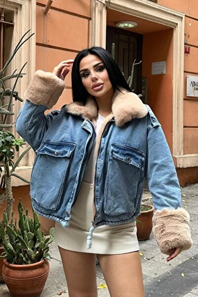 bb butik basic Fur Denim Coat M5008