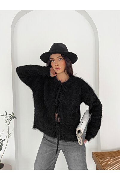 GLAM AURA Tie-Up Soft Textured Ecru Knit Cardigan