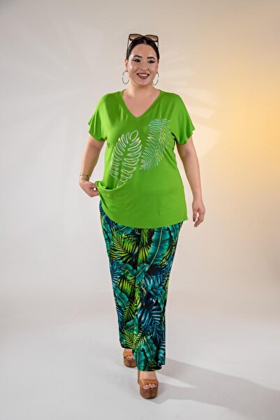 Roxxlen Bluză de damă de mărime mare, cu decolteu în V, negru, cu strasuri