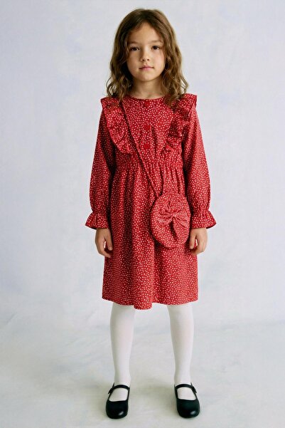 Perendi Kız Çocuk Desenli Çanta Hediyeli Mevsimlik Elbise