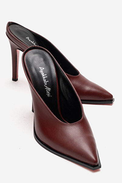 Ayakkabı Ateşi Women's Burgundy Skin Special Design Thin Heeled Slippers Kobe