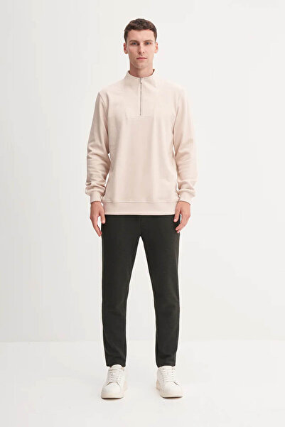 Cazador Premium Thick Textured Mock Neck Zippered Beige Men's Sweatshirt 53075