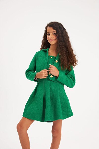 Hilal Akıncı Kids Girl's Gold Buttoned Jacket Thick Strap Crop Pleated Skirt Set