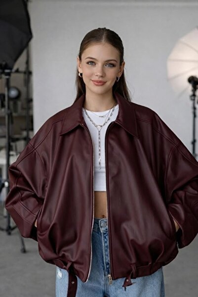 Jaglion Kadın Oversize ZR Model Bomber Kemer Detaylı Tokalı Deri Ceket