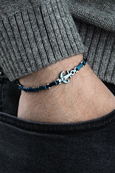 FRNCH 316L Çelik İtalyan Model Çapa Figürlü Gümüş-Lacivert Renk Erkek Bilekli...