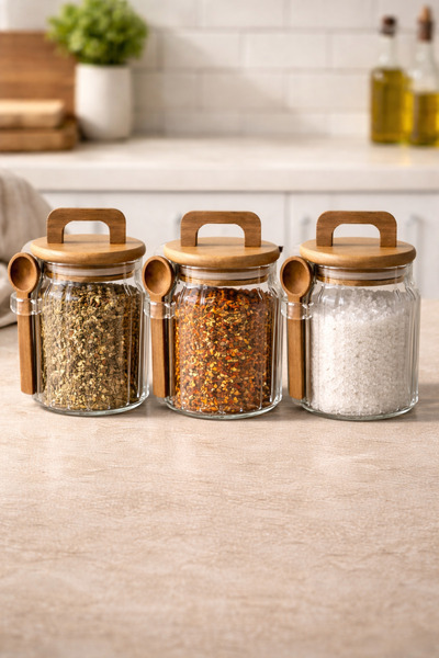 Kitchen Way Acacia Spoon and Seal Lid Line Patterned 500ml 3-Piece Jar Set Kw...
