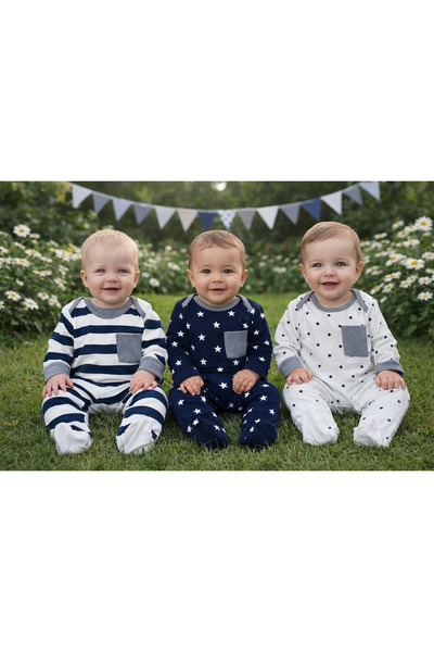 AKİ MODA KİDS Star & Stripe Patterned Baby Romper Set (3-Piece)