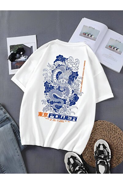 Unisex Kadın/Erkek BLUE DRAGON Özel Baskılı Oversize Pamuklu Bisiklet Yaka Penye T-Shirt