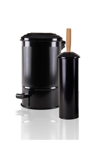 The Mia Stripe Trash Can and Toilet Brush Black Set 1