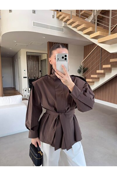 BB Bensu Buyruk Stand-Up Collar Wide Shoulder Trench Coat Brown