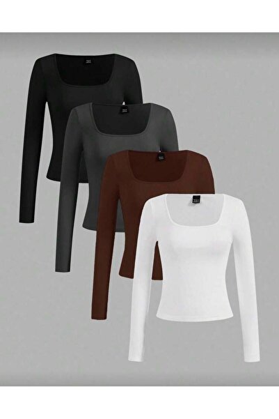 MİLYA&GYM Kadın 4'lü Paket Kaşkorke Fitilli Pamuklu Kare Yaka Uzun Kollu Vücu...