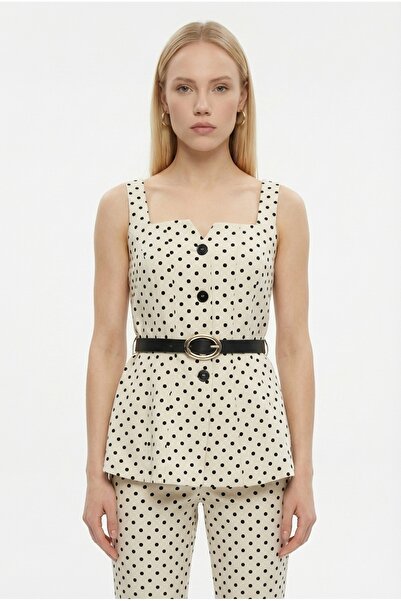 Quzu Bluză cu curea cu buline decolteu pătrat Crem