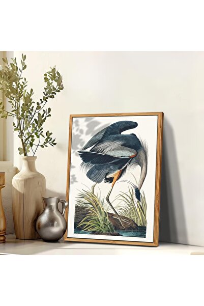 MHARTK66 Tablou Vintage 30x40 cm, Ramă Lemn, Ilustrație Stârc Albastru, Decor Elegant Living și Hol