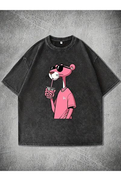 PENTHİLUS Günlük Vintage Yıkanmış Pembe Panter Grafikli Tişört