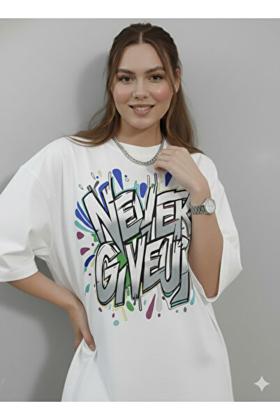 JENOLAN Tricou de damă "NEVER GIVE UP" cu imprimeu graffiti, supradimensionat...