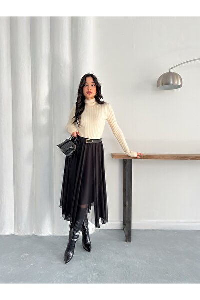 MODAMERSİ Women's Black Belt Detailed Asymmetrical Tulle Skirt