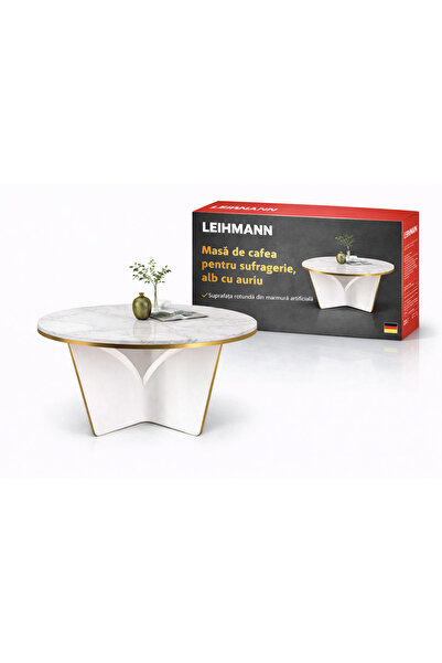 LEIHMANN Masa de cafea pentru sufragerie, alb cu auriu