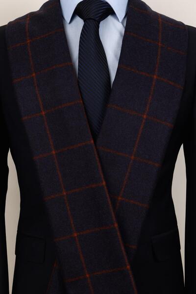 Esgue Kaşkol în carouri albastru bleumarin cu lână - eșarfă autentică și eleg...