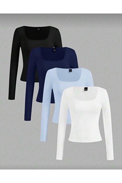 MİLYA&GYM Pachet de 4 bluze crop pentru femei, din bumbac, cu guler pătrat, c...