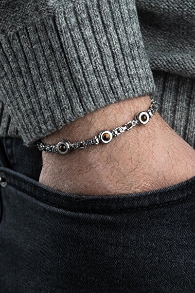 FRNCH 316L Çelik ve Kaplan Gözü Doğal Taşlı Gümüş-Kahverengi Erkek Bileklik F...