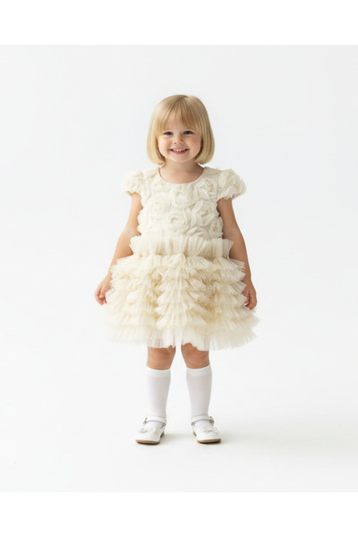BUTİKHAPPYKİDS Baby Girl Rose Detailed Layered Tulle Evening Dress Ecru 9-36 ...