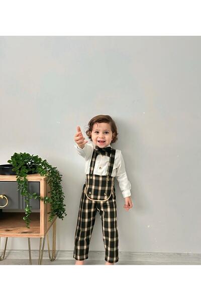 favorimkids Boy's Plaid Salopet + White Shirt + Bow Tie 3-Piece Stylish Set