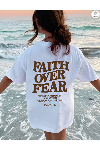 Unisex Kadın/Erkek OVER FEAR Özel Baskılı Oversize Pamuklu Bisiklet Yaka Penye T-Shirt