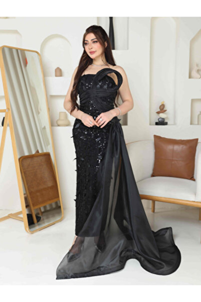 TREN Elegant Black Sequin Evening Gown with Organza Overlay Strapless Formal ...