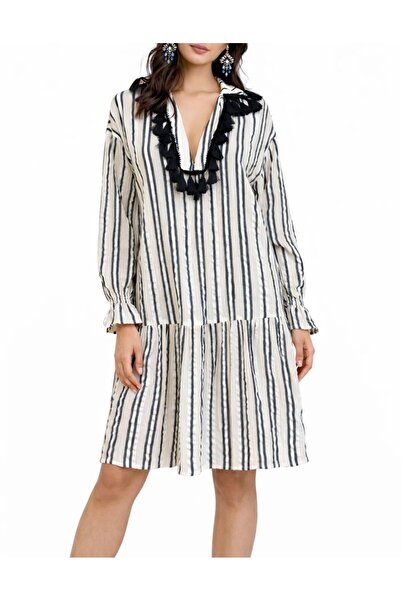 Yena Tekstil Dress Cotton Striped Long Sleeve Elastic