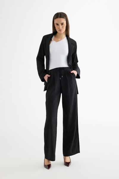 Quzu Striped Lace-Up Wide Leg Trousers Black